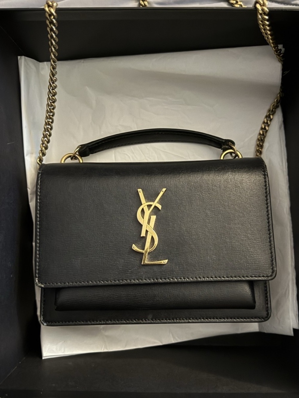 Sunset Saint Laurent Black Leather Satchel with Gold YSL Emblem and Chain Strap